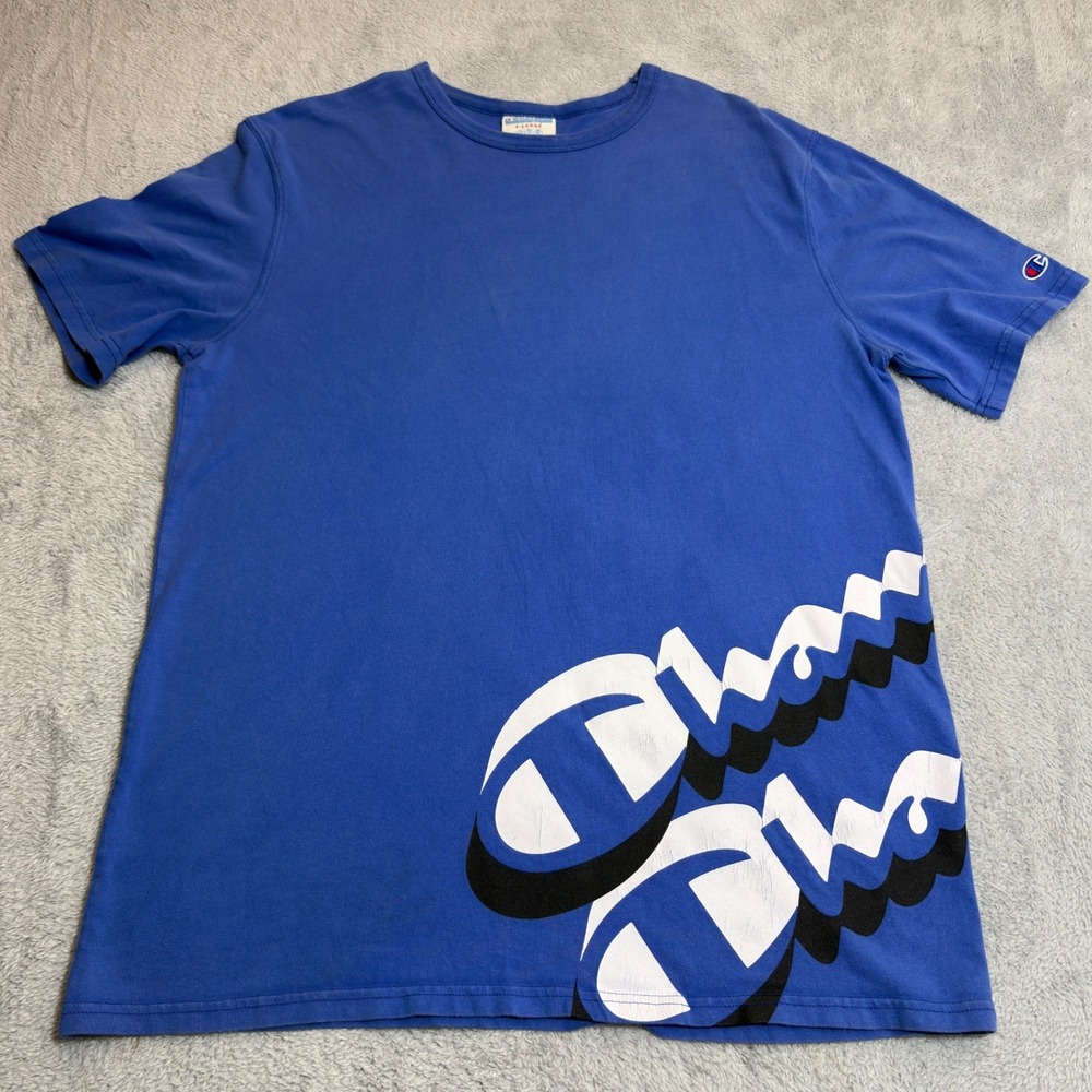Champion 90s T-Shirt Men XL Blue Graphic Logo Short Sleeve Crew Neck 100% Cotton
